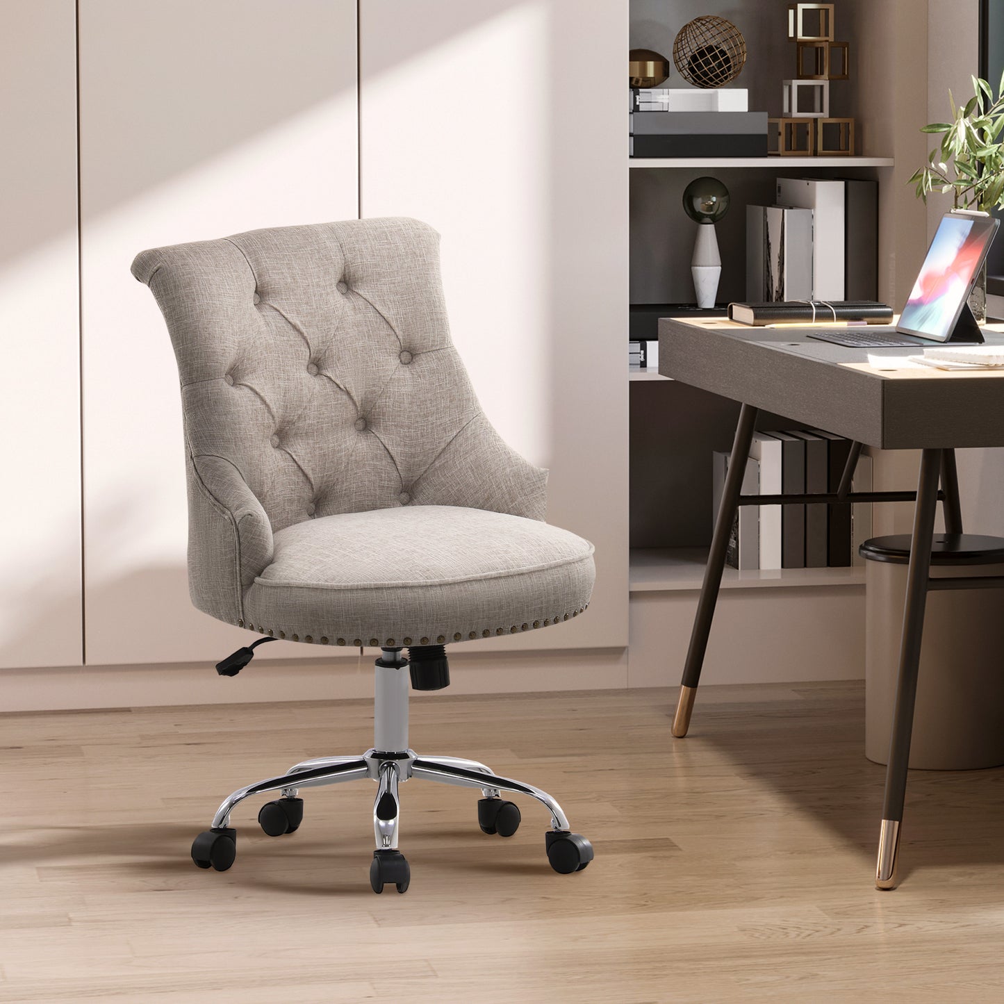 Bureaustoel – Draaistoel – Bureaustoel Met Wielen – Werkstoel – Ergonomische Stoel – 360° Draaibaar – Verstelbare Zithoogte 48-55 Cm – Lichtgrijs Linnen Met Metalen Frame