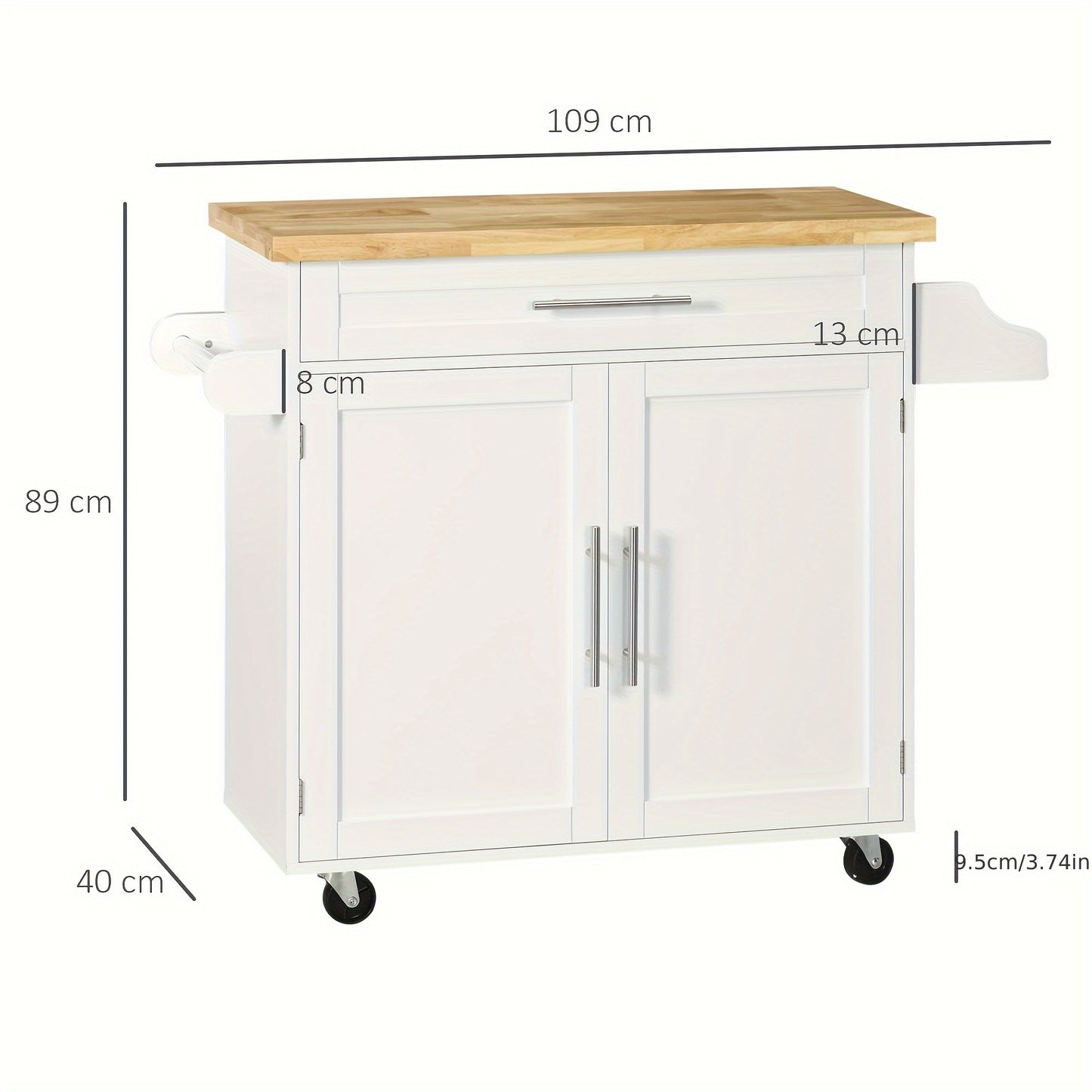 Keukentrolley – Serveerwagen – Keukenkast – Rolwagen – Opbergtrolley – Wit – Werkblad 109x40 cm – Kruidenrek & Handdoekhouder