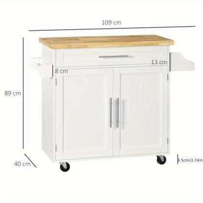 Keukentrolley – Serveerwagen – Keukenkast – Rolwagen – Opbergtrolley – Wit – Werkblad 109x40 cm – Kruidenrek & Handdoekhouder