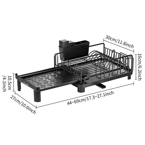 Uitschuifbaar Afdruiprek - RVS Met Bestekhouder - Automatische Waterafvoer & Ruimtebesparend Ontwerp - Afdruiprek - Uitschuifbaar afdruiprek - Met Houder voor Keukengerei - Keukenorganizer - Multifunctioneel Opbergrek voor Gootsteen - 2-Laags - Zwart