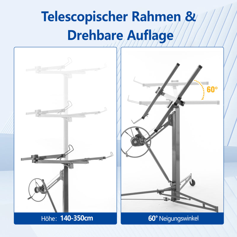 Gipsplaatlift – Gyproc Lifter – Plaatlift – Platenheffer – Montagehulp – Verstelbaar 140-350 cm – 3 Remwielen & 60° Kantelbaar – Stalen Frame Grijs