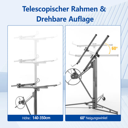 Gipsplaatlift – Gyproc Lifter – Plaatlift – Platenheffer – Montagehulp – Verstelbaar 140-350 cm – 3 Remwielen & 60° Kantelbaar – Stalen Frame Grijs