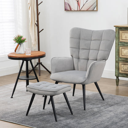 Fauteuil – Relaxstoel – Loungestoel – Leunstoel – Zitstoel – Fluwelen Bekleding – Hoog Draagvermogen 120 Kg – Inclusief Voetenbank – Lichtgrijs