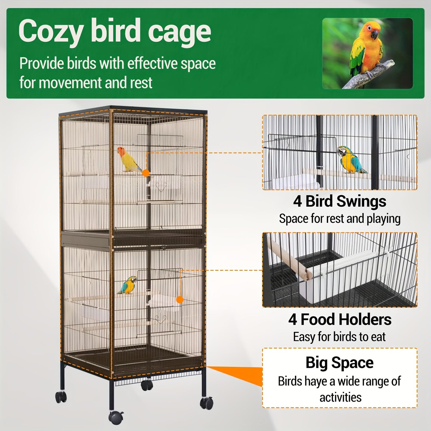 Large Bird Cage with Slide-Out Tray & Removable Panels, 4-Door Access, Wooden Perches, Detachable Base & Feeder/Water Bottle System - Easy Assembly for Parrots, Cockatiels, Lovebirds, Pigeons, Small/Medium Birds - for parakee
