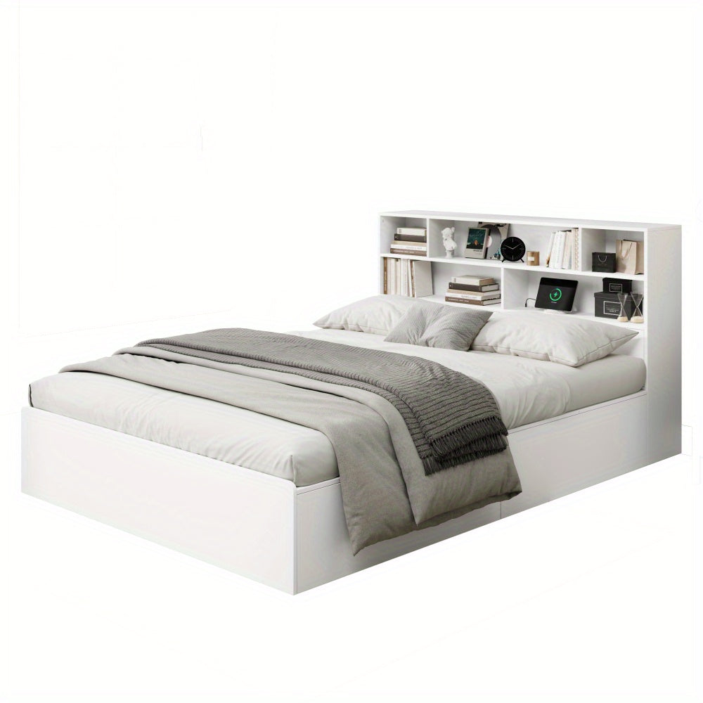 Tweepersoonsbedframe – Bedframe – Ledikant – Platformbed – Slaapbed – Modern Design – Met Opbergruimte – Geen Boxspring Nodig – Wit – Eenvoudige Montage