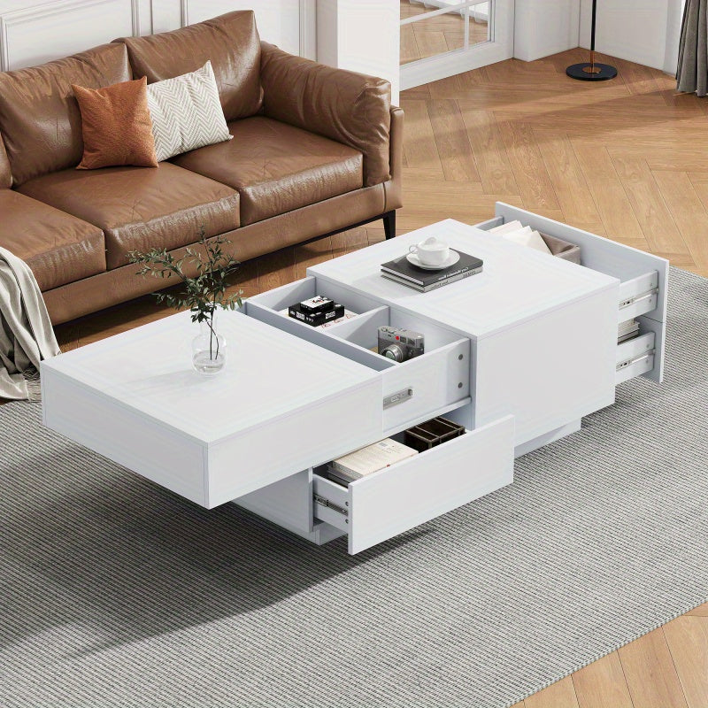 Salontafel – Koffietafel – Woonkamertafel – Tafel – Verstelbare Salontafel – 90x55x45 cm – Vier Lades – Wit Mat Spaanplaat – Ruimtebesparend – Stevig