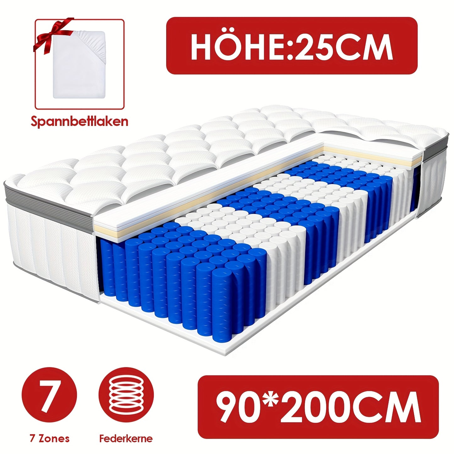Carroltt Independent Bagged Spring Core Mattress 90*200, 7-zone Support, Hybrid Design, Comfortable Sponge, Firmness Level H3