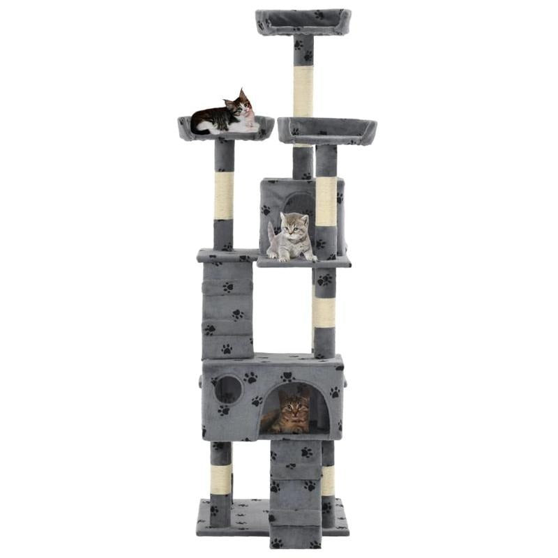 Multi-Level Cat Tree Tower with Sisal Scratching Posts, Stable Base & Paw Print Design - 170cm Tall Modern Cat Activity Center with Hanging Bed, Playrooms & Stairs - Space-Saving Indoor Cat Furniture for Living Room, Balcony