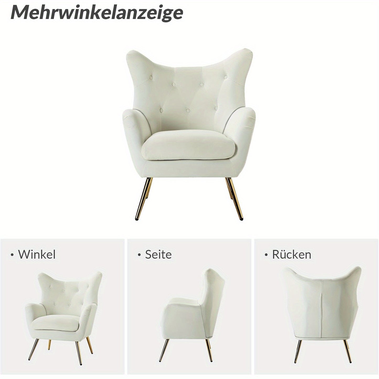Fauteuil – Lounge Stoel – Leunstoel – Wing Chair – Relaxfauteuil – Fluwelen Bekleding – Gouden Metalen Poten – Comfortabel Design – Voor Woonkamer en Slaapkamer – Ivoor Kleur