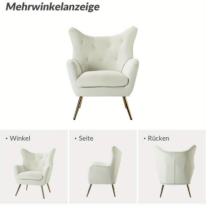 Fauteuil – Lounge Stoel – Leunstoel – Wing Chair – Relaxfauteuil – Fluwelen Bekleding – Gouden Metalen Poten – Comfortabel Design – Voor Woonkamer en Slaapkamer – Ivoor Kleur