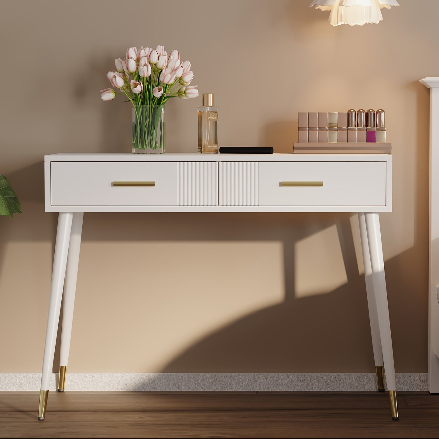Modern Minimalist Dressing Table & Vanity Desk - White with Golden legs, Sturdy Metal Construction, Compact Makeup Desk for Small Spaces, Easy Assembly - Home Office, Bathroom, Bedroom Furniture (No Mirror Included), Bedroom