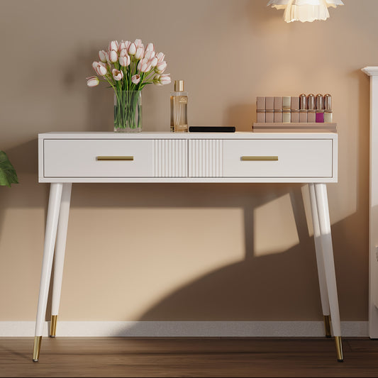 Modern Minimalist Dressing Table & Vanity Desk - White with Golden legs, Sturdy Metal Construction, Compact Makeup Desk for Small Spaces, Easy Assembly - Home Office, Bathroom, Bedroom Furniture (No Mirror Included), Bedroom