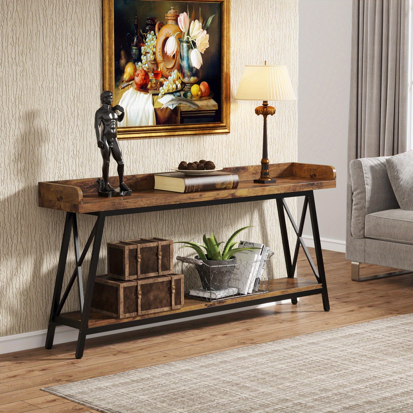Rustieke Industrieel Sofa Console Tafel – Sidetable – Haltafel – Bartafel – Wandtafel – Bruin/Zwart – 180 cm Lang – Met Opbergruimte En Verstelbare Poten