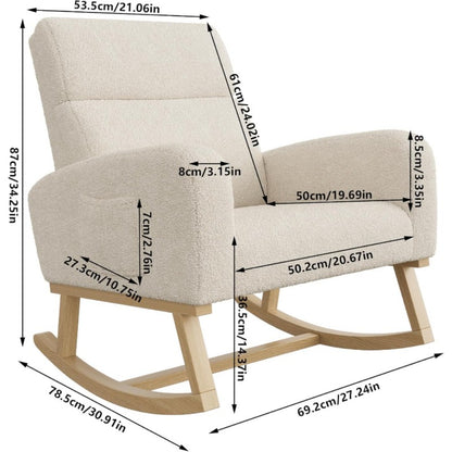 Schommelstoel – Relaxstoel – Fauteuil – Voedingsstoel – Loungestoel – Beige – Zachte Schapenvacht Bekleding – Ergonomisch Lendenkussen