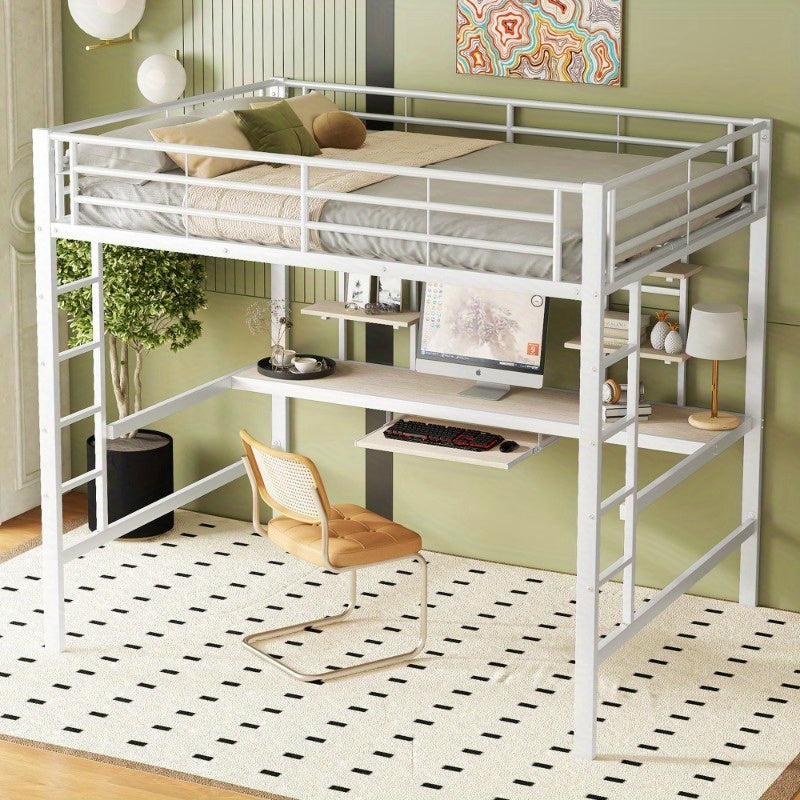 Hoogslaper – Stapelbed – Ligbed – Bed met Bureau – Bed met Planken – Stevig Metaalframe – Ruimtebesparend Ontwerp – 140x200 cm – Wit
