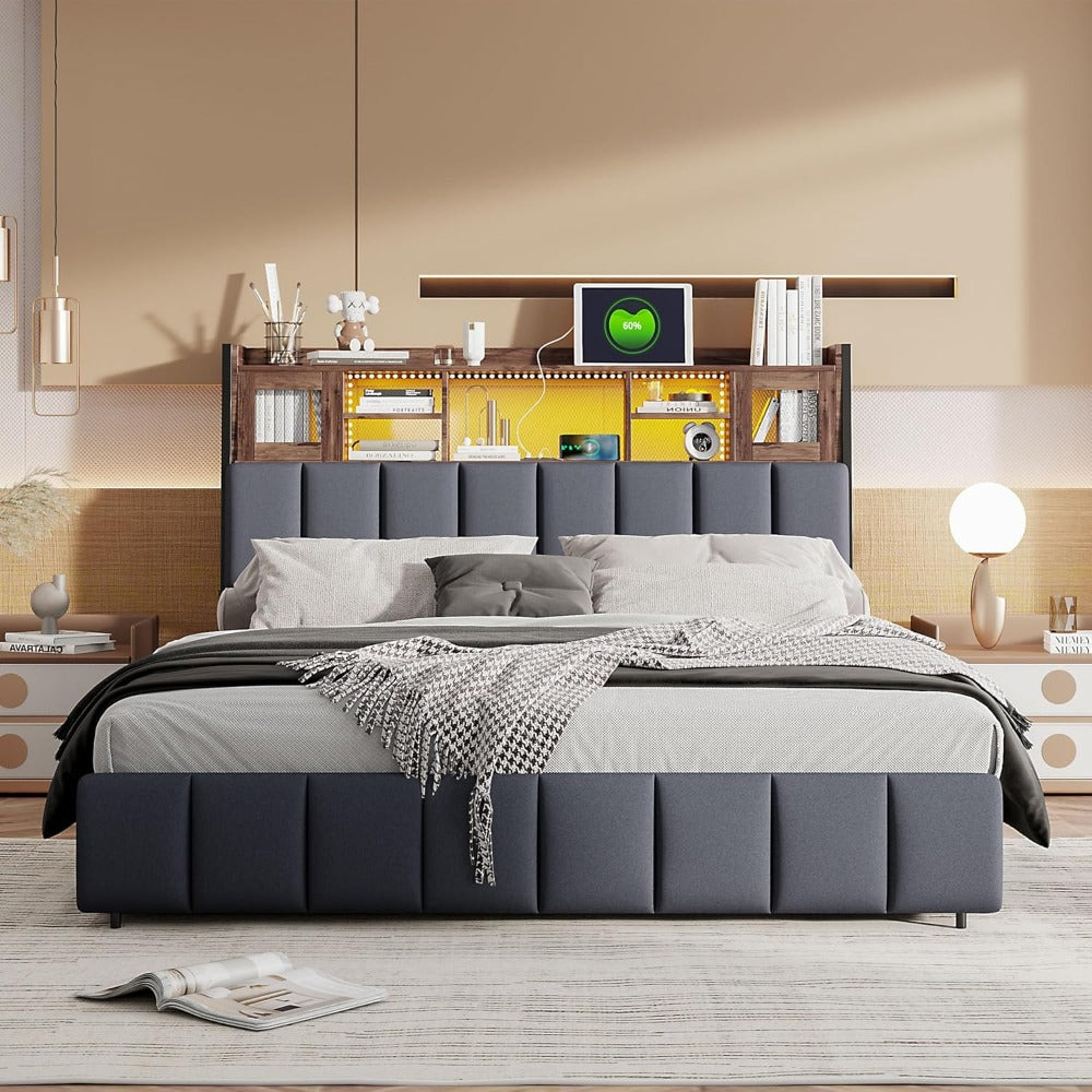 Tweepersoonsbed – Stalen Bedframe – Linnen Bed – Opbergbed – Led Bed – 140x200 cm – USB Aansluiting – 4 Ladevakken
