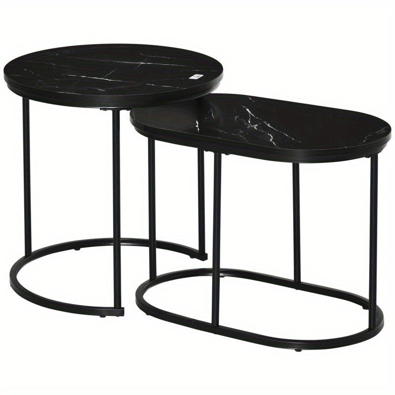 Salontafel – Koffietafel – Bijzettafel – Woonkamertafel – Zwart Stalen Frame – Stapelbaar & Marmerlook MDF Blad – 50 x 50,5 cm / 60 x 36 cm – Max 30 kg Draagkracht