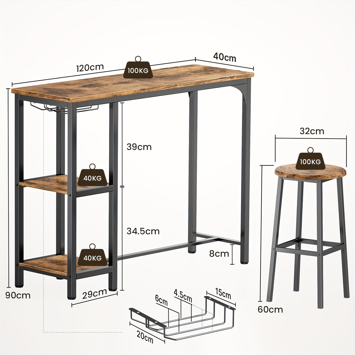Barset – Barkrukken – Bartafel – Barmeubel – Bistroset – Industrieel Design – Houten Tafelblad – Zwart Gietijzeren Frame