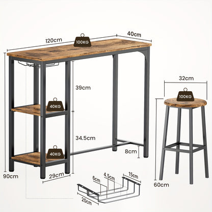 Barset – Barkrukken – Bartafel – Barmeubel – Bistroset – Industrieel Design – Houten Tafelblad – Zwart Gietijzeren Frame