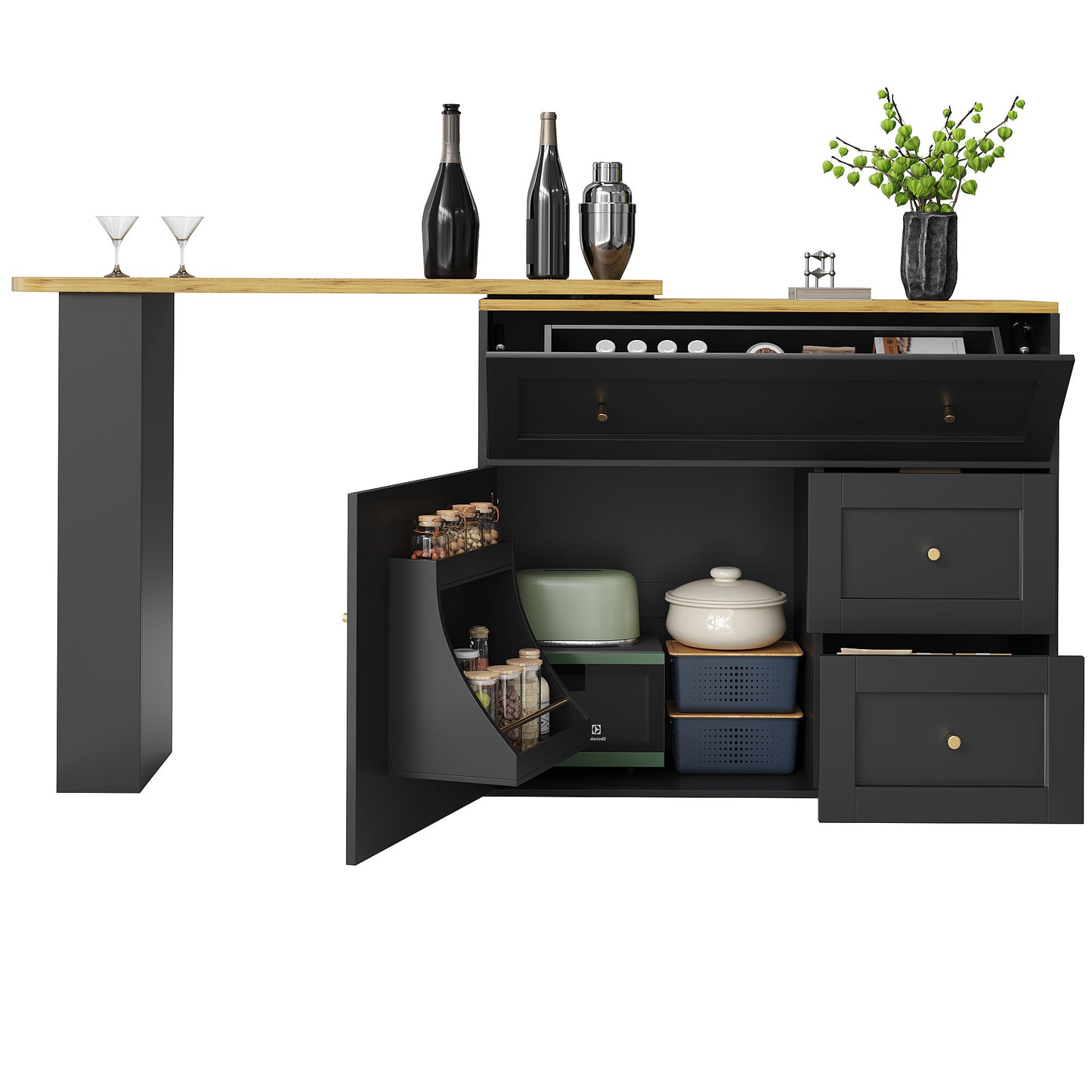 Bartafel – Bistrotafel – Statafel – Keukentafel – Barmeubel – Uitschuifbaar 138-204 cm – 360° Draaibaar Tafelblad – Met Opbergruimte