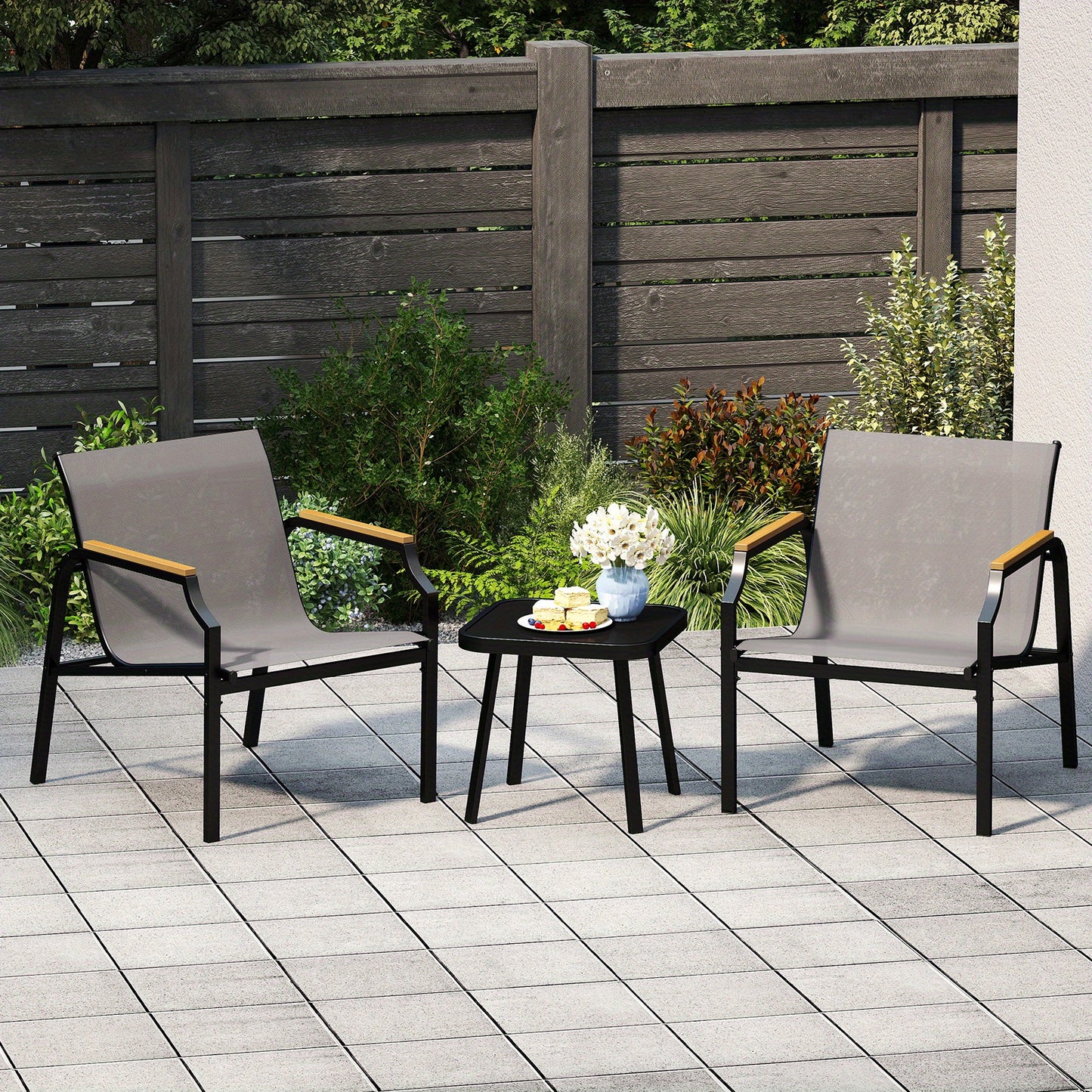 3-delig Tuinset – Tuinstoel – Balkonmeubel – Terrasstoel – Bijzettafel – Metalen Frame – Ademend Snel Droog Stof – Hout-Kunststof Armleuningen