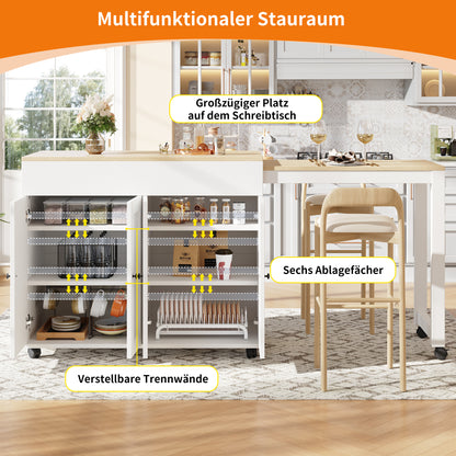 Uittrekbare Bar-/Eettafel – Uitschuiftafel – Keukentafel – Statafel – Werktafel – Met 6 Opbergruimtes – Verstelbaar Tafelblad 118-180 cm – Houtlook Wit