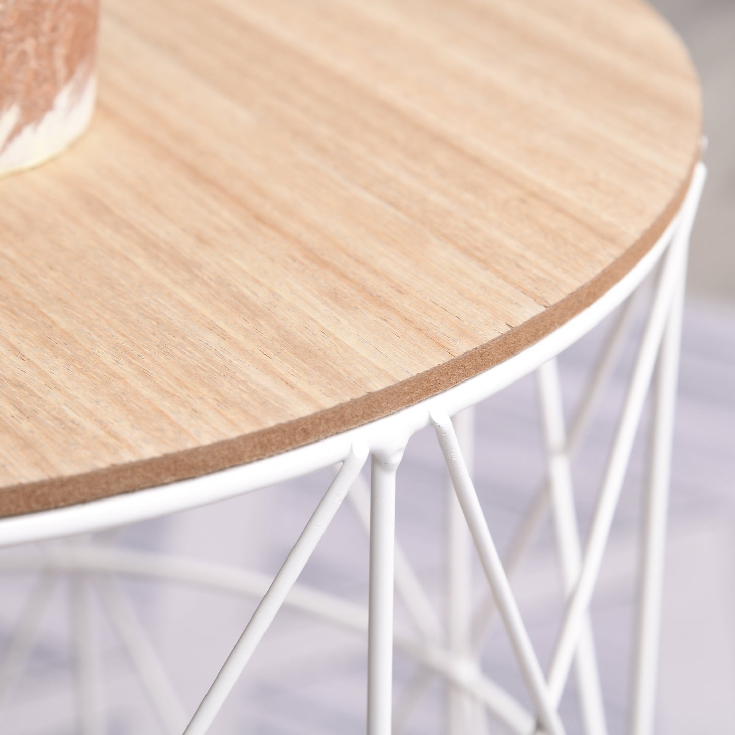 Salontafelset – Bijzettafel – Koffietafel – Woonkamertafel – Ronde Tafels – Met Afneembaar Houten Blad – Stevig Wit Metalen Frame