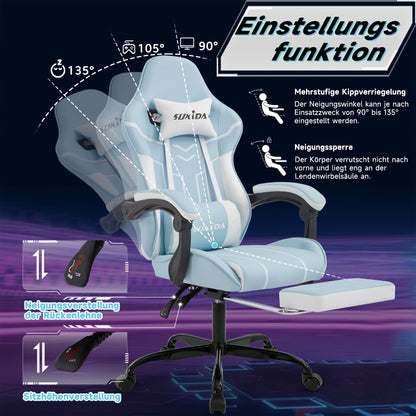 Gamingstoel – Gamestoel – Gaming Chair – Bureaustoel – Game Stoel – Verstelbaar – Met Voetsteun – Breed Zitvlak – Koppelbare Armleuningen – Hoge Rugleuning – 135° Relaxstand – Stille Wieltjes – Zwart-Grijs