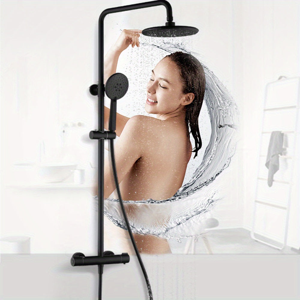 Regendouche Set – Doucheset – Thermostatische Douche – Handdouche – Badkamerkraan – Mat Zwart – Constante Temperatuur – Krasbestendig & Duurzaam Materiaal