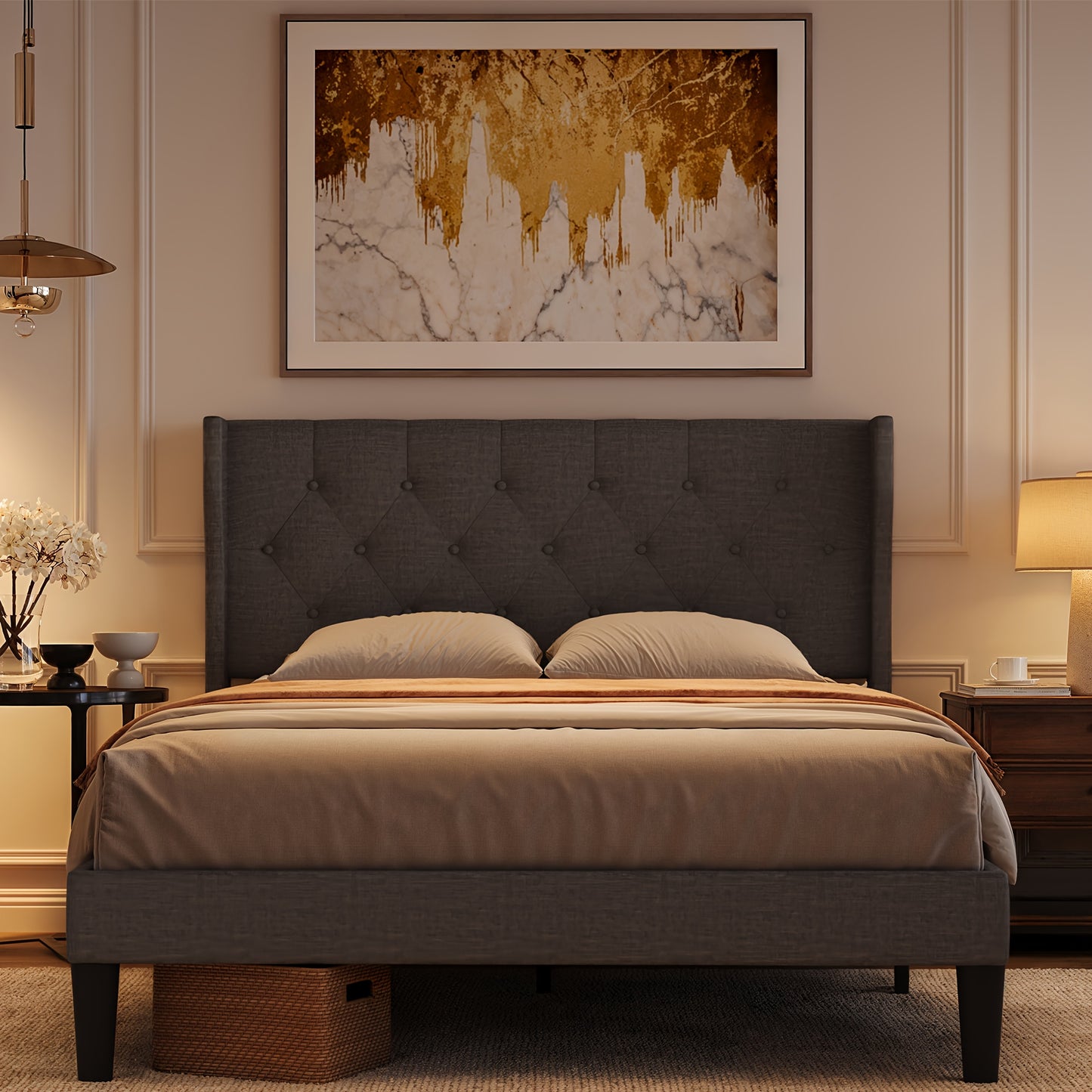 Bedframe 140x200 – Tweepersoonsbed – Slaapbank – Lattenbodem – Boxspring – Stille Lattenbodem – Opbergruimte 20 cm – Hout & Metaal – Modern Marmerprint Hoofdeinde