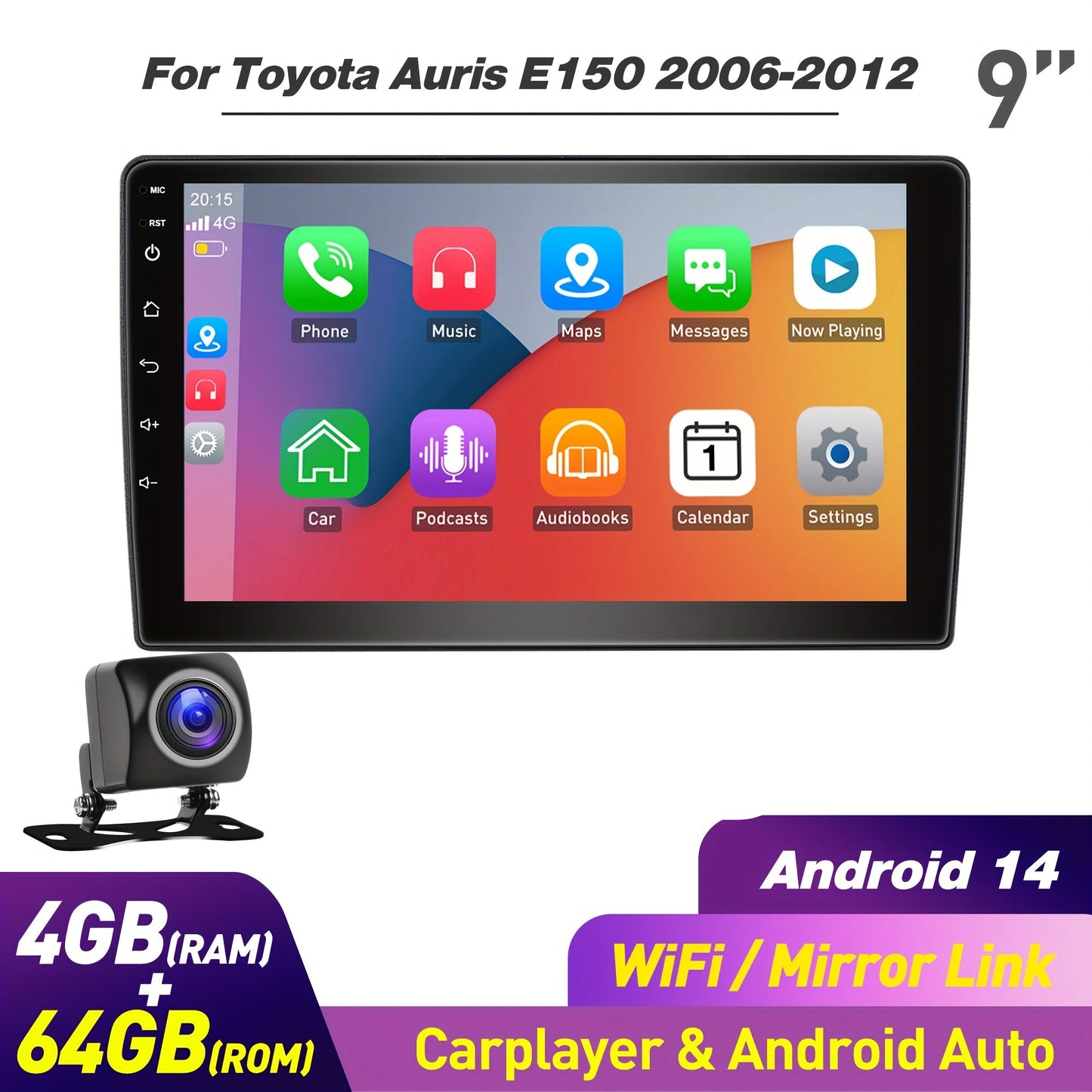 Multimedia Speler Toyota Auris – Car Radio – Autoradio – 2-DIN Speler – Android Auto – 9 Inch IPS Touchscreen – Android 14 Systeem – Met Camera Variant