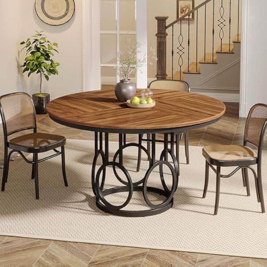 Ronde Eettafel – Ronde Tafel – Eetkamertafel – Keukentafel – Eethoek – MDF Met Walnootlook – Met Metalen Onderstel – 120 cm – Voor 4 Personen