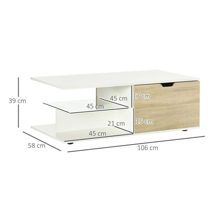 Salontafel – Koffietafel – Bijzettafel – Tafel – Woonkamertafel – Wit Met Eikenlook – 106x58x39 cm – 2 Lades En Glazen Legplank