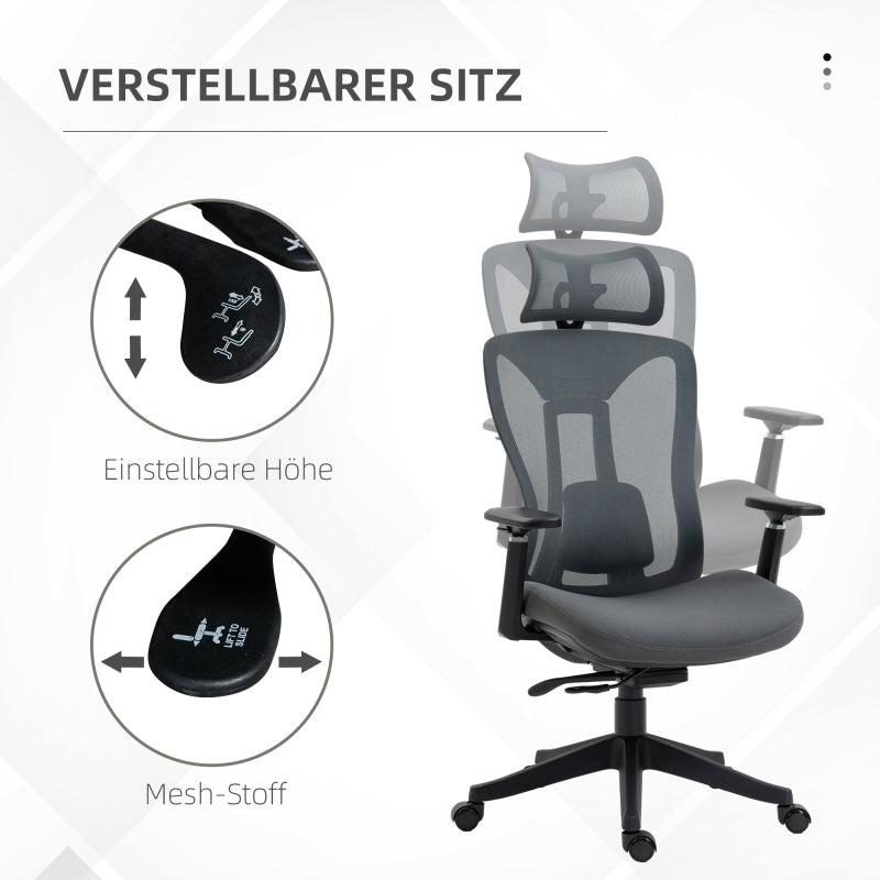 Ergonomische Bureaustoel – Kantoorstoel – Werkstoel – Deskchair – Bureaustoel Verstelbaar – Kantelfunctie 135° – Verstelbare Armleuningen – Ademend Mesh Grijs