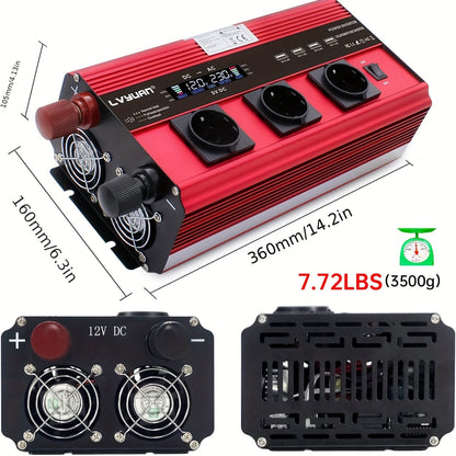 Power Inverter 12V naar 230V – Spanningsomvormer – Omvormer – Converter – Stroomomvormer – 3000W Vermogen – 4 AC-uitgangen en LCD Display