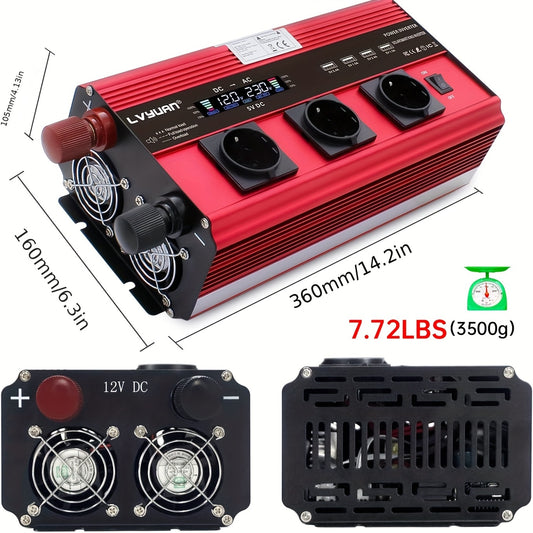 Power Inverter 12V naar 230V – Spanningsomvormer – Omvormer – Converter – Stroomomvormer – 3000W Vermogen – 4 AC-uitgangen en LCD Display