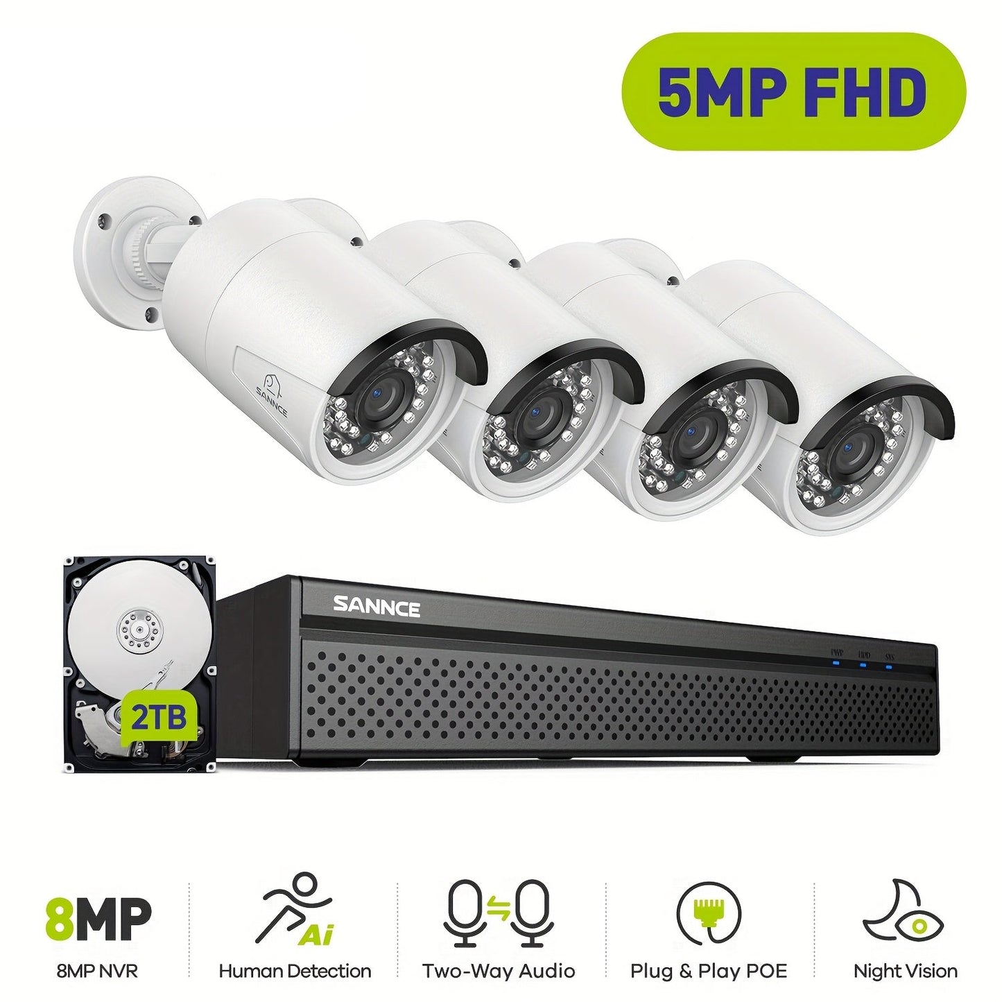 Beveiligingscamera Set – Bewakingscamera – Surveillance Camera – NVR Systeem – CCTV Systeem – 4 x 5MP HD Camera’s – 2TB Opslag – Nachtzicht met Infrarood – Geluidsopname