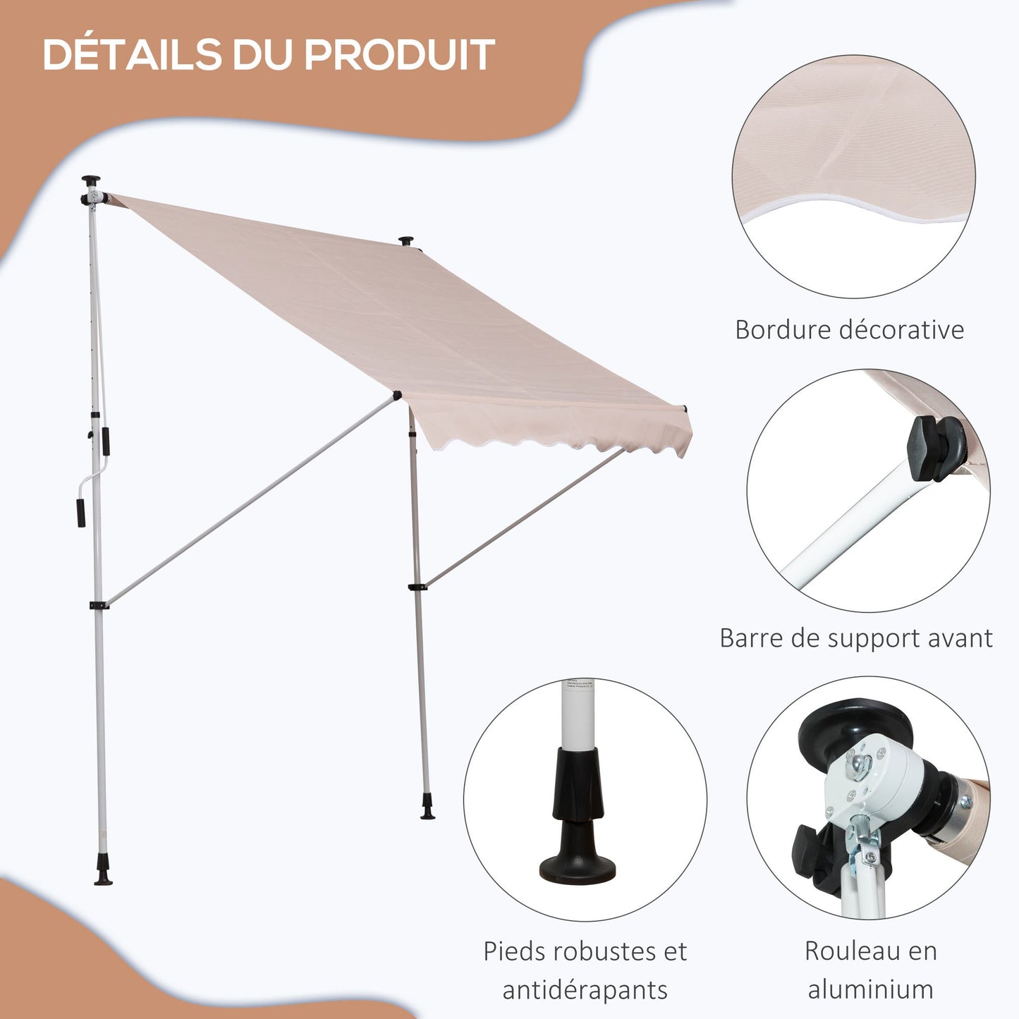 Balkonluifel – Zonnescherm – Klemluifel – Zonwering – Uittrekbare Luifel – Verstelbare Hoogte – UV-Bestendig Polyester – Aluminium Frame – Beige