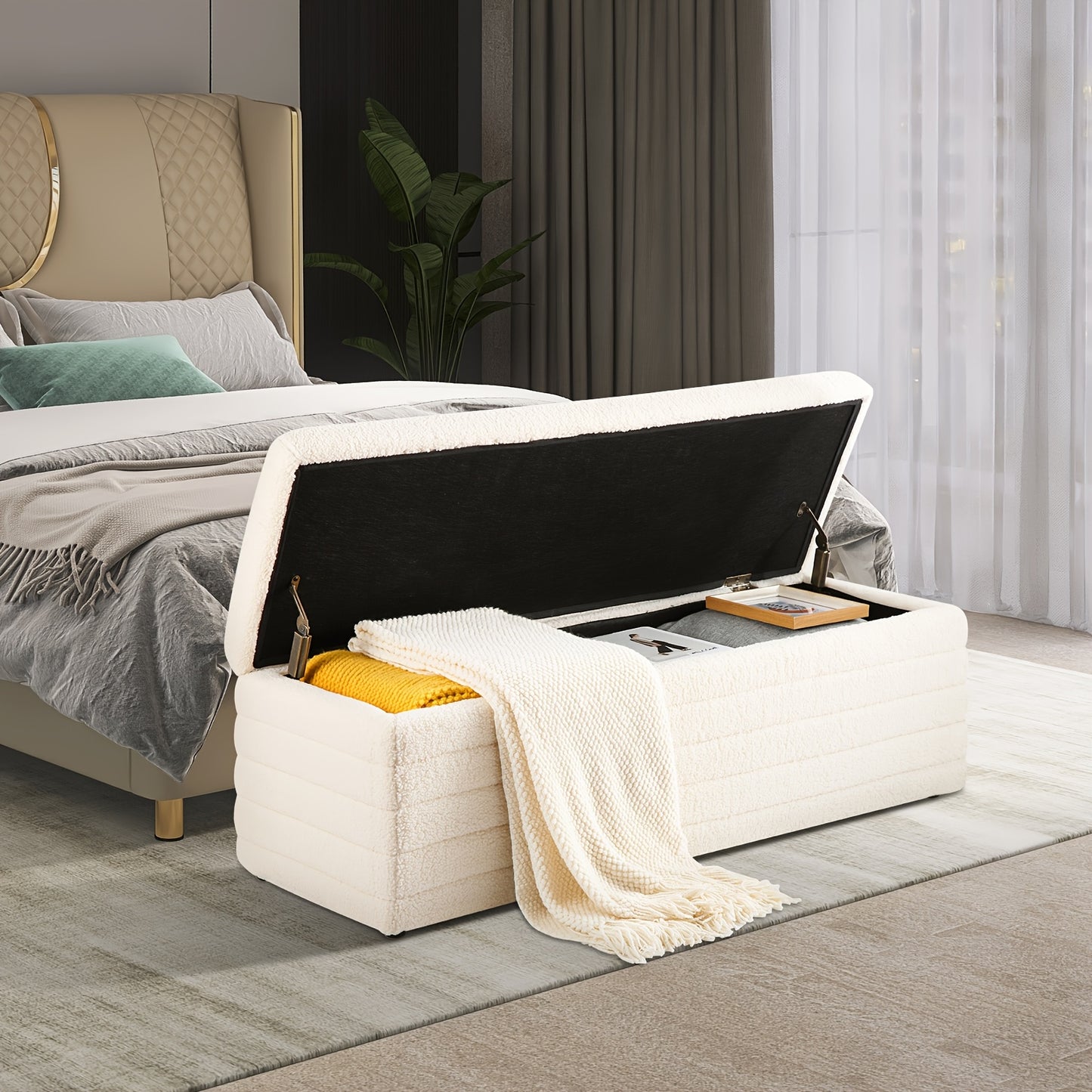 Stool with Storage Space, Modern Bench Bedroom Storage Box Teddy Fabric Footstool Chest 118cm, Beige, Spacesaving Stool, Home Organization, Minimalist Bench, Contemporary Footstool, Cozy Material, Soft Upholstery, Fabric Foot