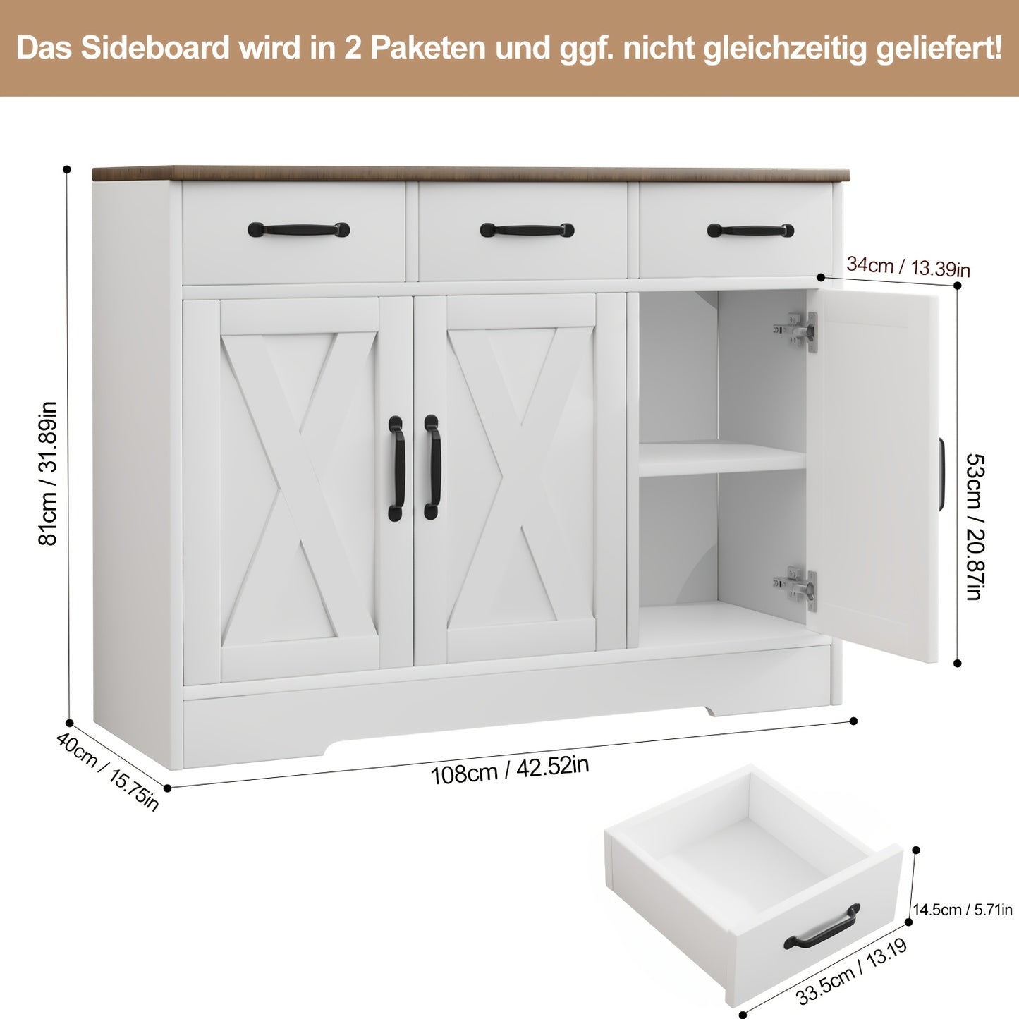 3 Drawers and 3 Doors Sideboard | Wooden Storage Cupboard Cabinet for Kitchen, Living Room, Dining Room, Hallway, White & Black, Contemporary Style, Oyajia Brand