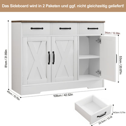 3 Drawers and 3 Doors Sideboard | Wooden Storage Cupboard Cabinet for Kitchen, Living Room, Dining Room, Hallway, White & Black, Contemporary Style, Oyajia Brand
