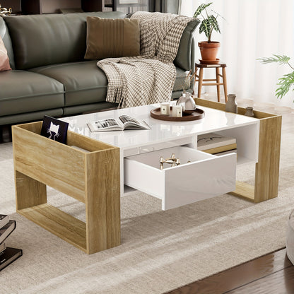 Salontafel – Koffietafel – Tafel – Woonkamertafel – Modern – Hout + Wit – Hoogglans Afwerking – 105x60x40 cm – Met Lades en Open Vakken