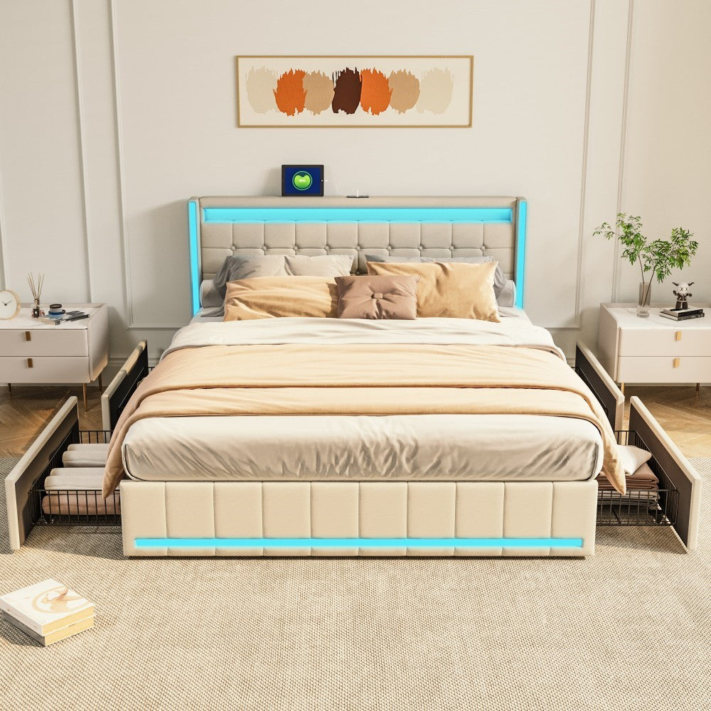 YCZ Bed Frame with Storage Space, Double Headboard Upholstered Bed with LED and USB, Storage Bed with 4 Drawers and Mattress, for Adults, BCDE