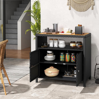 Tuinkast Rattan Kast Buitenberging Opbergkast Tuinmeubel – Zwart – 90x53x86 cm – Acaciahouten Werkblad – Weerbestendig Metalen Frame
