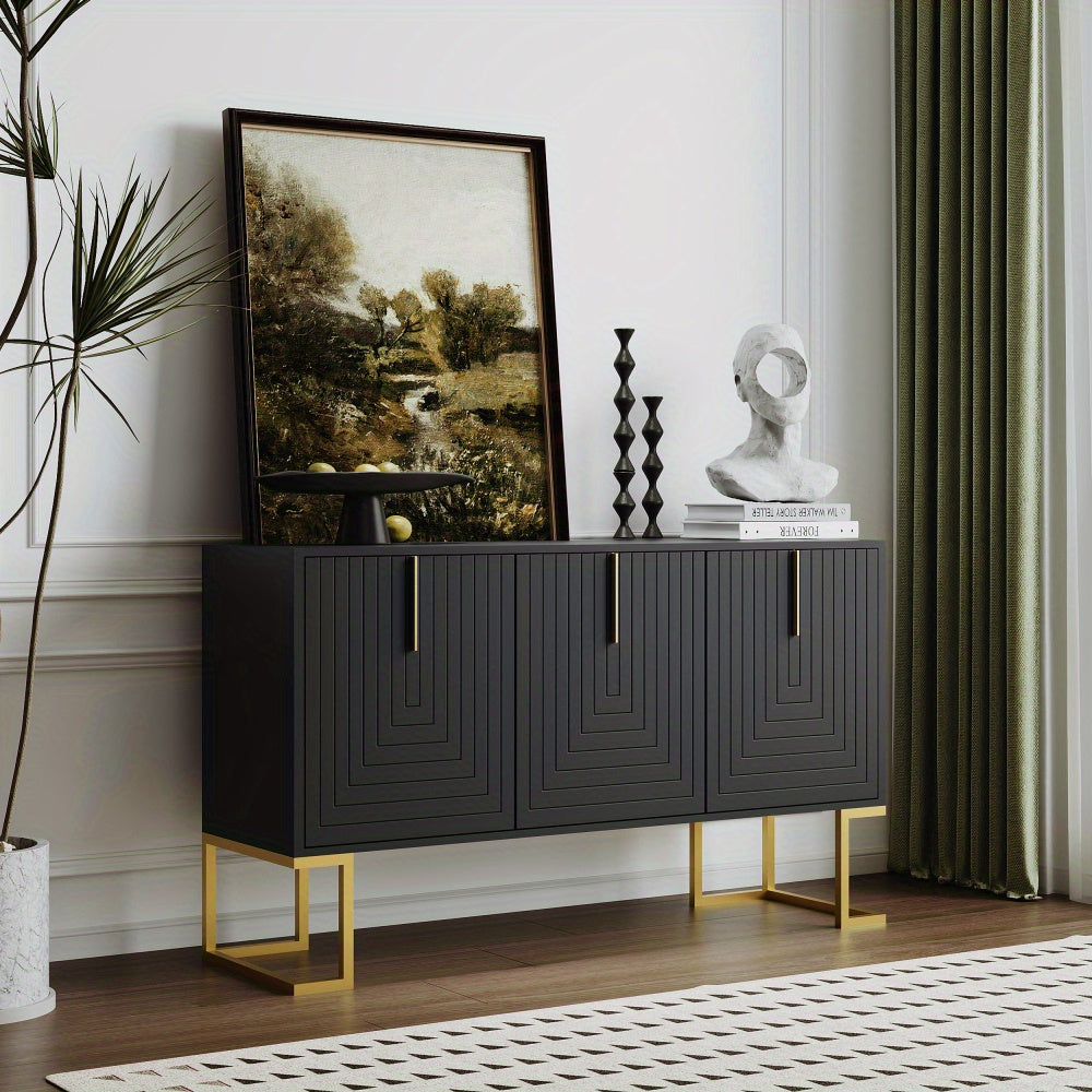 Dressoir – Sideboard – Opbergkast – Buffettafel – Ladekast – Donkergrijs Met Gouden Accenten – U-Vormige Deuren – Verstelbare Planken – Duurzaam Niet-Houten Materiaal