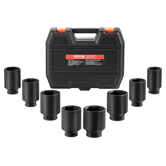 Impact doppen set 1/2" – Wielmoerdoppen – Slagmoerdoppen – Diepe doppen – Rateldoppen – 8-delig met 12-punts ontwerp – Slagvast chroom-molybdeen staal