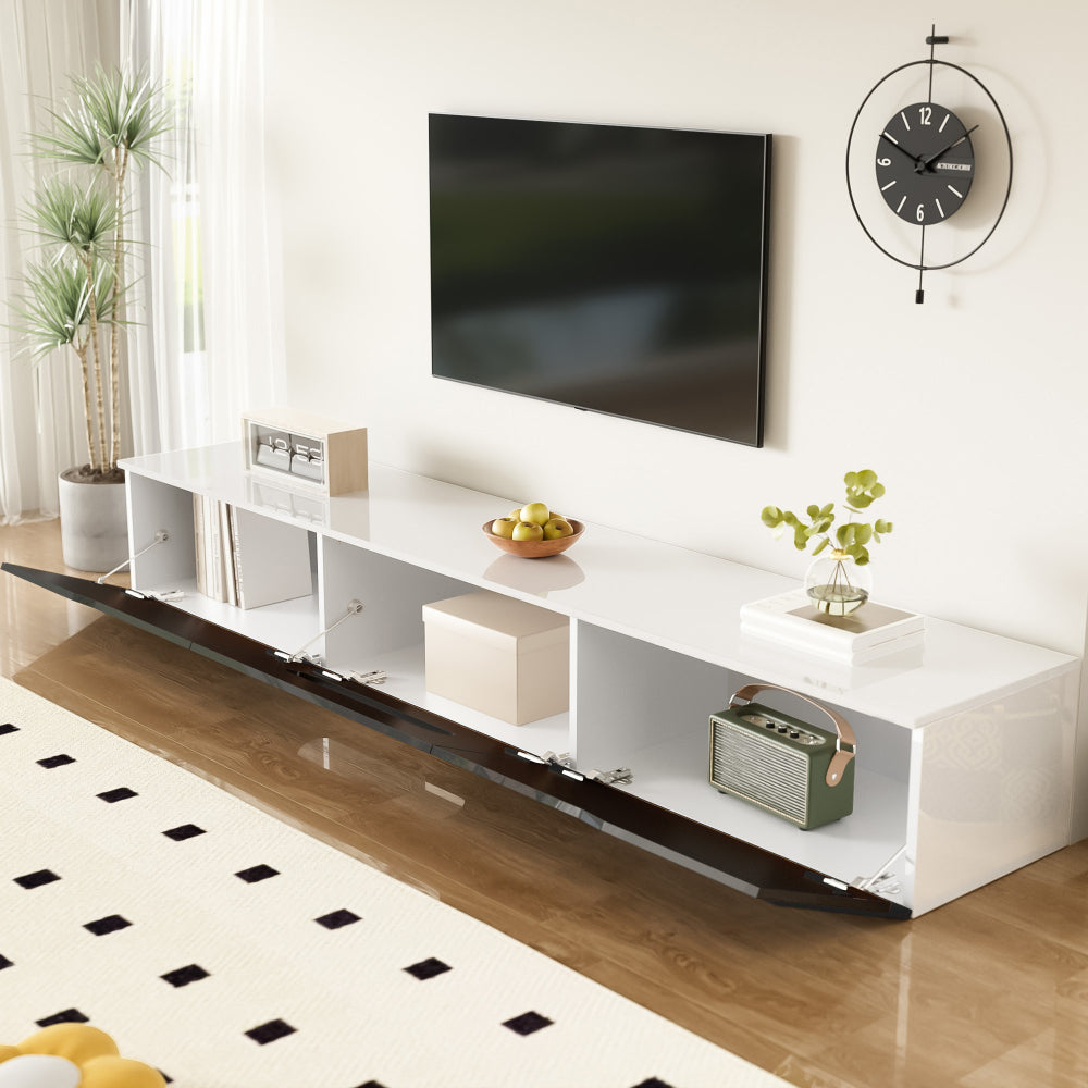 Modern Black & White Metal TV Stand with High-Gloss Finish - 180cm Wall-Mounted Media Console, Space-Saving Design, Ample Storage Shelves & Concealed Compartments for Living Room, Minimalist Entertainment Center, No Electrica