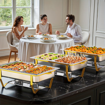 Buffetwarmer – Chafing Dish – Warmhoudbak – Voedselwarmer – Cateringpan – RVS Goudkleurig – Inklapbaar Frame – Voedselveilig 9L Set (2 stuks)