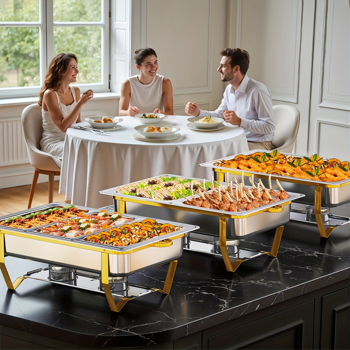 Chafing Dish – Buffetwarmer – Warmhoudplaat – Warmhoudbak – Rechaud – Roestvrij Staal – 9L Inhoud – Gouden Plating & Opvouwbaar Frame