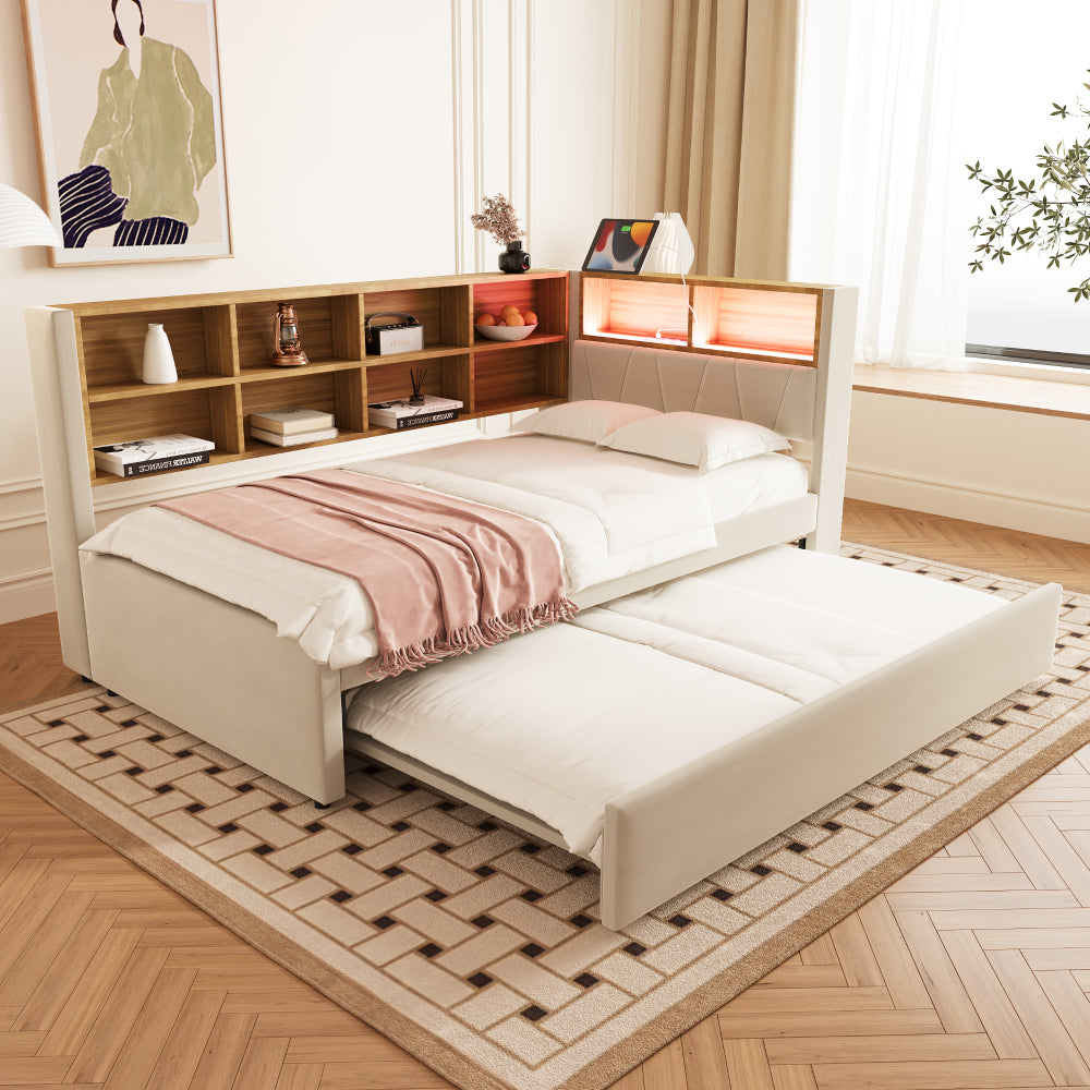 Sofa Bed 90x200, Pull-out Bed 90x190, Equipped with Multiple Storage Compartments, Upholstered Bed, Multi-functional Sofa Bed, Single Bed, Flannel, Beige.